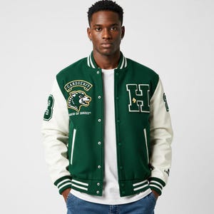 May include: Green and white varsity jacket with a button-up front. The jacket features a large "H" patch, a patch with a bear graphic, and the number "3" on the sleeve. The jacket has white sleeves and green body with white stripes on the collar, cuffs, and hem.