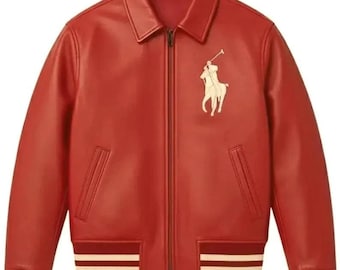 Rood echt leren varsityjack, vintage geborduurd bomberjack met bomberjack