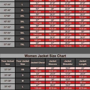 May include: A jacket size chart for men and women, with measurements in inches and centimeters. The chart includes sizes XS to 7XL for men and XS to 2XL for women, detailing chest, sleeve, shoulder, and length.
