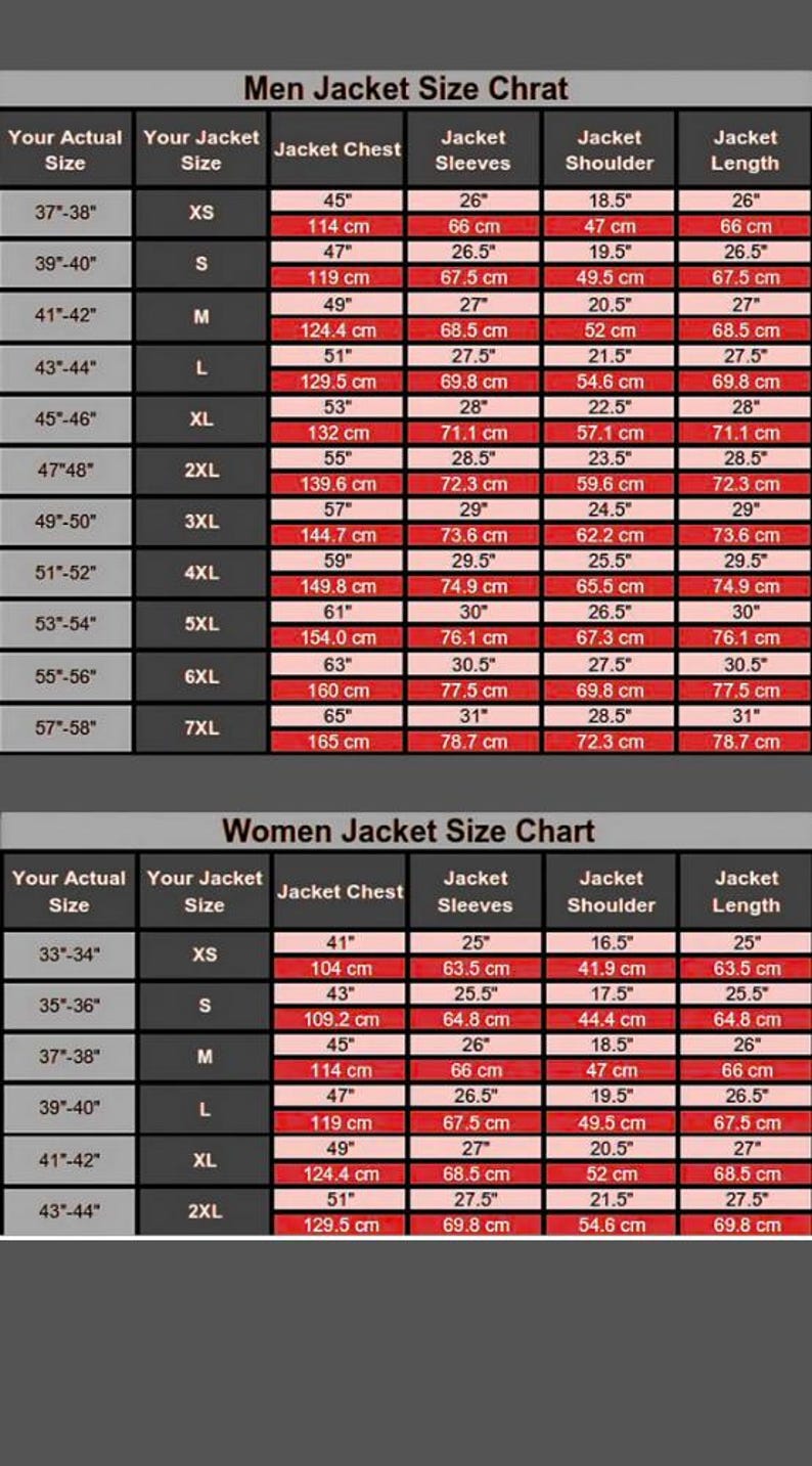 May include: A jacket size chart for men and women, with measurements in inches and centimeters. The chart includes sizes XS to 7XL for men and XS to 2XL for women, detailing chest, sleeve, shoulder, and length.