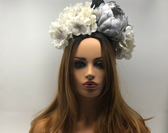 Cream, Gray Flower crown, floral headpiece, renaissance flower crown, wedding, photo prop, cosplay,Dia de los Muertos, day of the dead