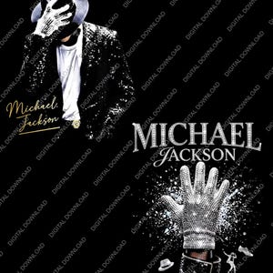 Könnte beinhalten: Schwarze Grafik mit Michael Jackson in einer schwarzen Paillettenjacke, Fedora und Schmuckhandschuh. Der Text "Michael Jackson" ist in Gold und Silber, mit wiederholtem "DIGITAL DOWNLOAD".