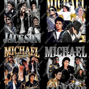 May include: Four black t-shirt designs featuring multiple images of Michael Jackson. Each design includes the name "Michael Jackson" in a metallic font. The images showcase Jackson in various iconic poses and outfits.