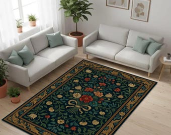 Dark Green Floral Area Rug, Vintage Botanical Rug, Cottagecore Carpet, Victorian Flower Rug, English Garden Living Room Decor