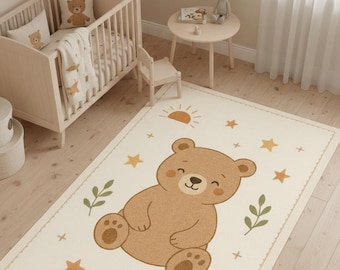 Teddy Bear Nursery Rug, Soft Neutral Kids Playroom Carpet