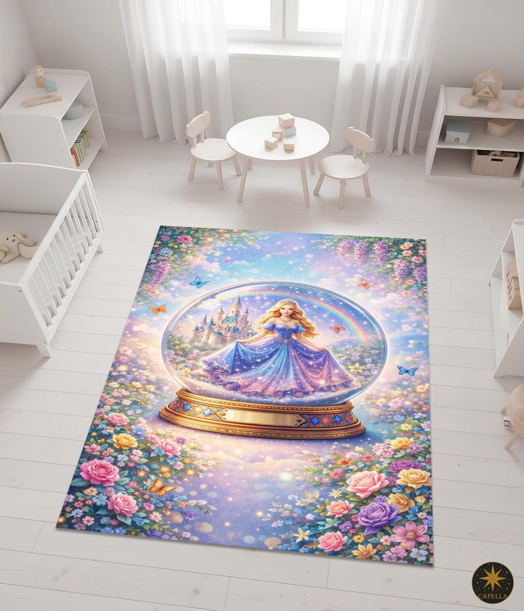 Enchanted Rug Enchanted Princess Snowglobe Rug Fairytale Castle Pastel Floral Rainbow ...