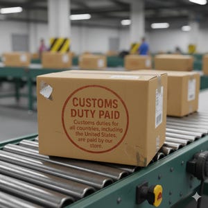 May include: A cardboard box with the text "CUSTOMS DUTY PAID" stamped in red. The box is on a conveyor belt, with other boxes visible in the background. The text states that customs duties are paid by the store.