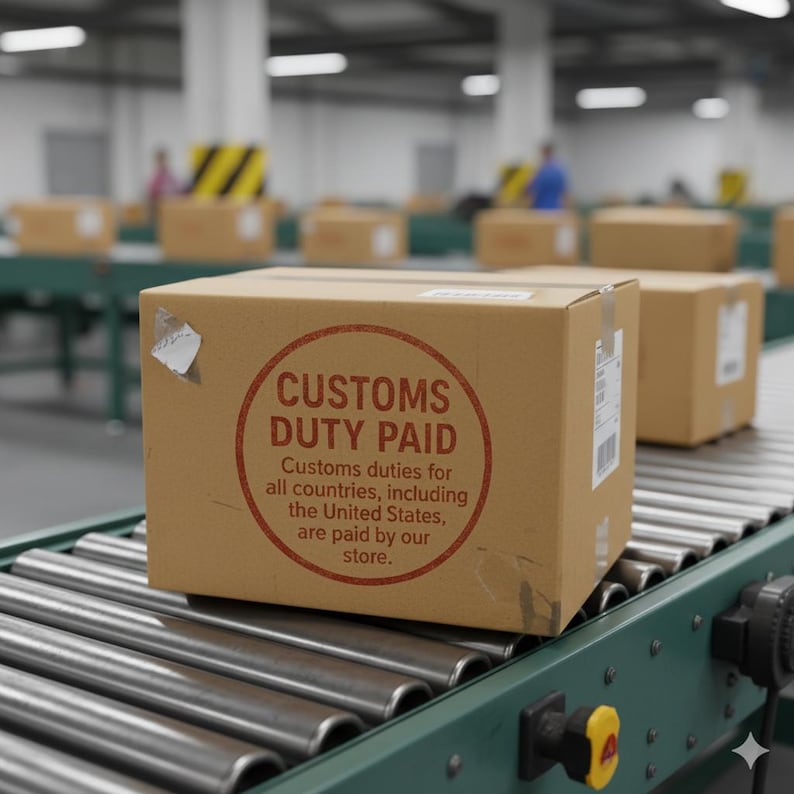 May include: A cardboard box with the text "CUSTOMS DUTY PAID" stamped in red. The box is on a conveyor belt, with other boxes visible in the background. The text states that customs duties are paid by the store.