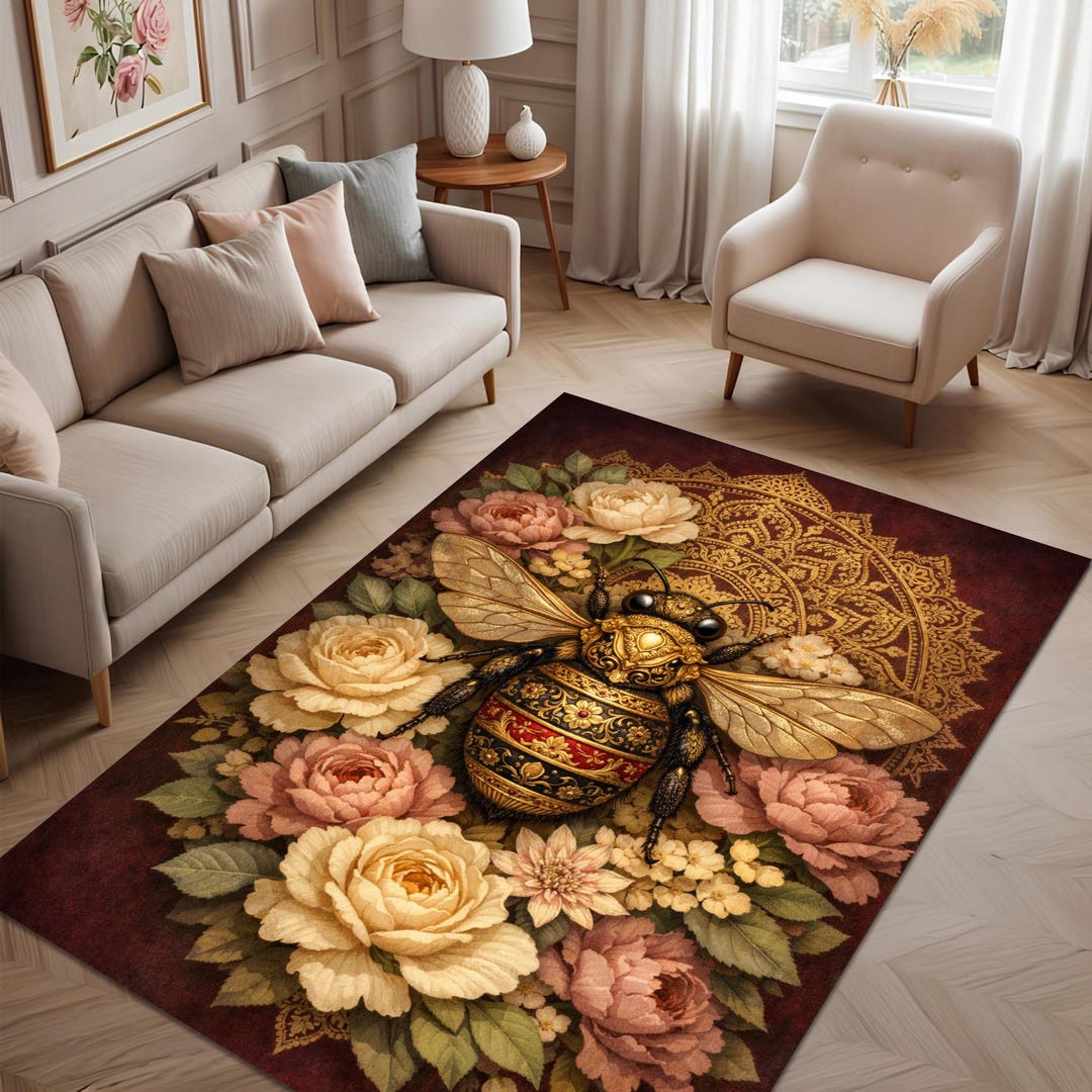 Bee Area Rug, Vintage Floral Design, Baroque Style, Botanical Pattern ...