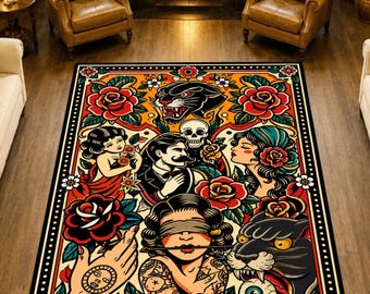 May include: A rectangular area rug featuring a vibrant traditional tattoo-style illustration. The design includes a blindfolded person, a snarling black panther, a skull, a hand with a sun symbol, and various red roses on an orange background.