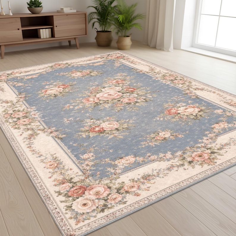 Vintage Floral Blue Rug Romantic Rose Pattern Antique Style Decorative ...