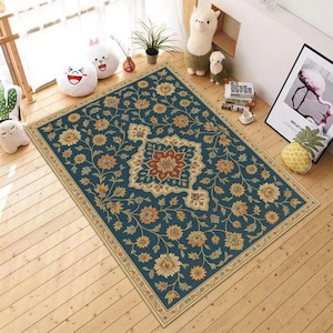 Classic Blue Floral Rug – Persian Style Central Medallion Digital Print Carpet