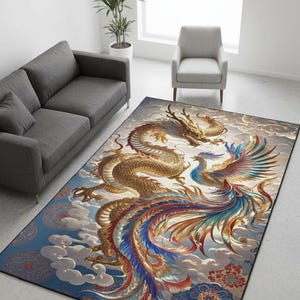 May include: A rectangular area rug featuring a golden dragon and phoenix design. The dragon is intricately detailed, and the phoenix displays vibrant blue, red, and gold feathers. The rug has a blue and white cloud background.