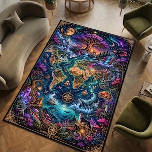May include: A rectangular area rug featuring a fantasy world map design. The rug showcases a vibrant color palette with blues, purples, greens, and oranges. It includes illustrations of animals, ships, and celestial elements, with a detailed border.