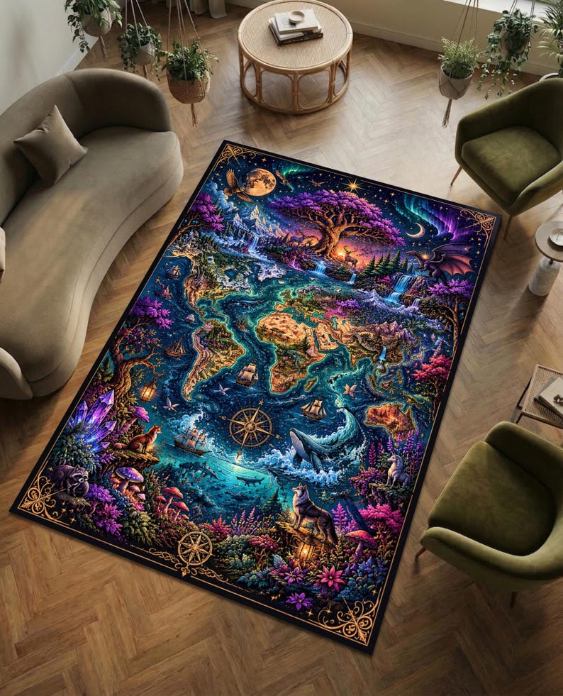 May include: A rectangular area rug featuring a fantasy world map design. The rug showcases a vibrant color palette with blues, purples, greens, and oranges. It includes illustrations of animals, ships, and celestial elements, with a detailed border.