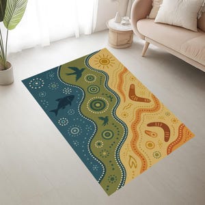Tapis d&#39;inspiration aborigène : décor bohème ton ocre, antidérapant