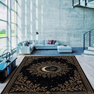 Mystic Eye Moon Rug: Black & Gold Celestial Witchcore Decor
