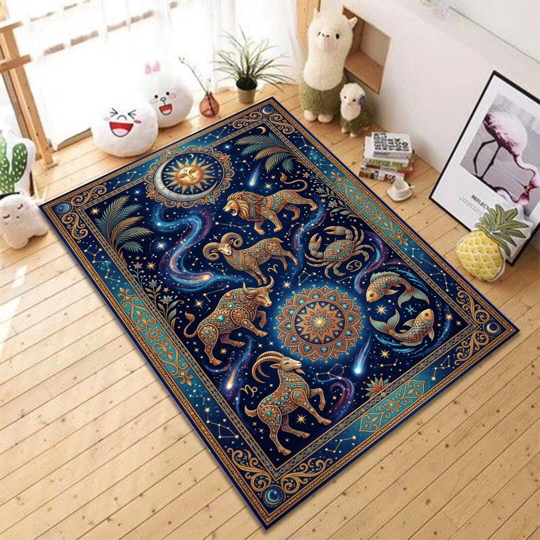 Zodiac Sign Rug Celestial Area Rug, Zodiac Astrology Design, Sun Moon Constellation ...