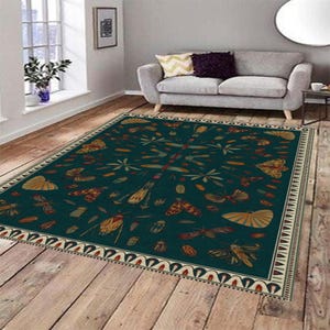 Vintage Nature-Inspired Rug – Artistic Digital Print Carpet with Butterflies and Dragonflies