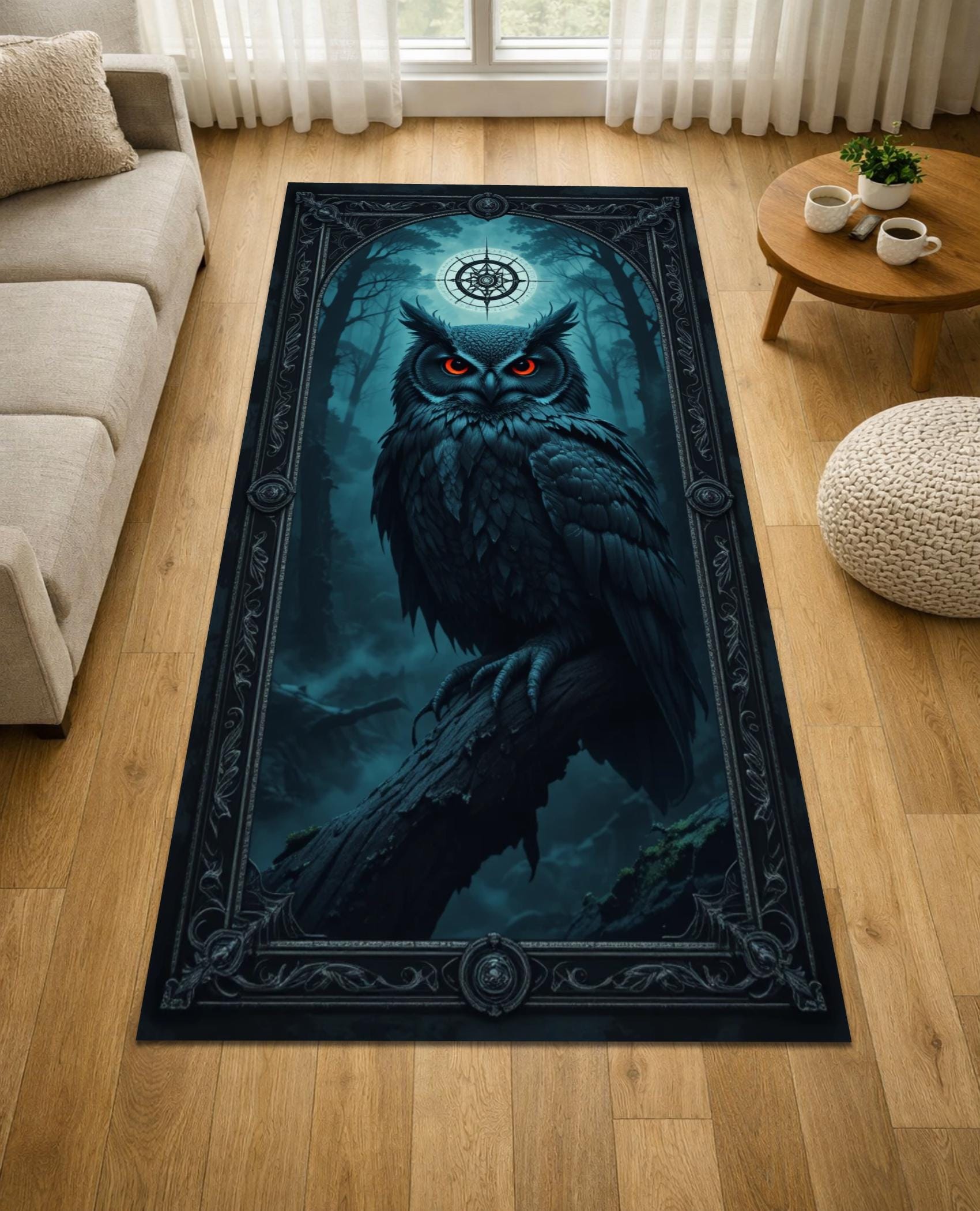 Owl Runner Rug, Dark Gothic Hallway Carpet, Mystical Forest Design, Celestial Home Decor