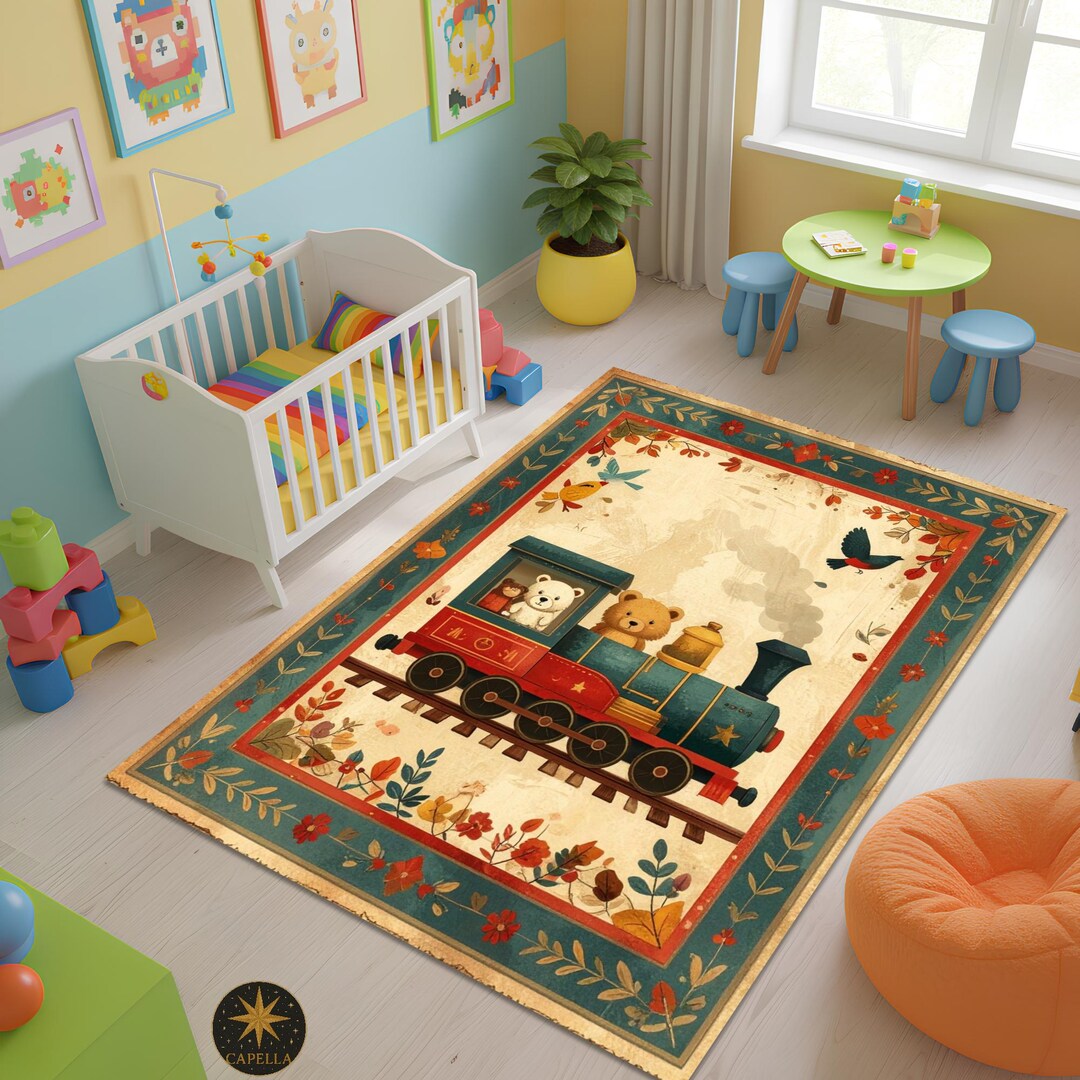 Classroom Train Rug Vintage Train Nursery Rug Cute Animal Kids Carpet Playroom Decor ...
