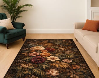 Dark Floral Area Rug, Vintage Botanical Design, Moody Living Room Decor, Elegant Statement Carpet