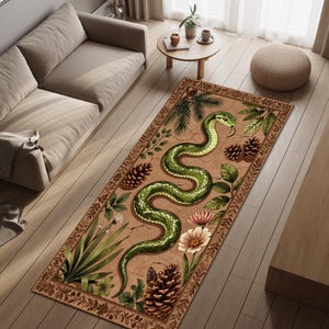Snake Runner Rug, Botanical Snake Rug, Green Serpent Carpet, Vintage Forest Runner, Reptile Hallway Rug, Cottagecore Nature Decor