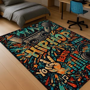 Graffiti Rap Music Rug – Hip Hop Style Teen Room Decor – Street Art Pattern Rug