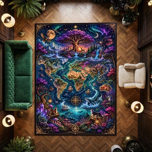 May include: A large, colorful world map tapestry with a fantasy theme. The map features detailed illustrations of continents, oceans, and mythical creatures, with a vibrant color palette of blues, purples, and greens. The tapestry is framed and displayed on a wooden floor.