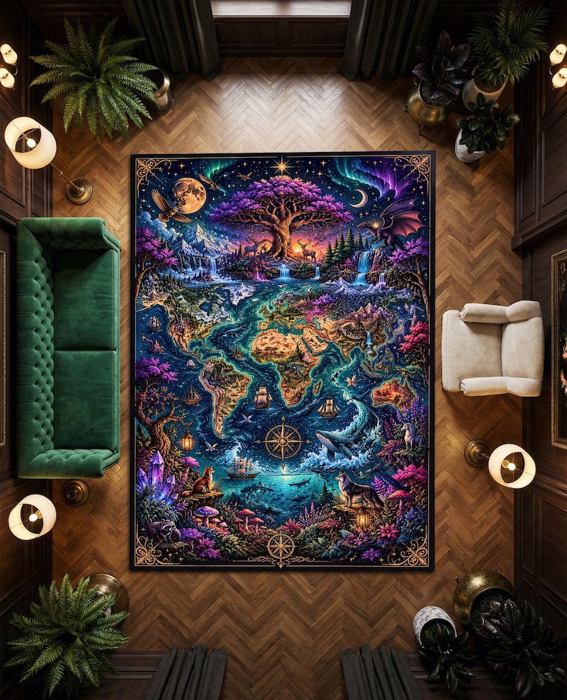 May include: A large, colorful world map tapestry with a fantasy theme. The map features detailed illustrations of continents, oceans, and mythical creatures, with a vibrant color palette of blues, purples, and greens. The tapestry is framed and displayed on a wooden floor.