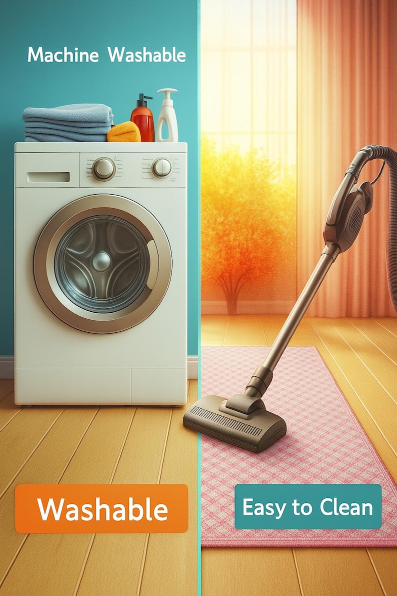 May include: A white washing machine with a silver door and a vacuum cleaner on a pink rug. The image has the text "Machine Washable", "Washable", and "Easy to Clean". There are cleaning supplies on top of the washing machine.