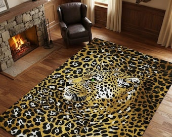 Leopard Print Rug: Black & Gold Glamorous Wild Animal Decor