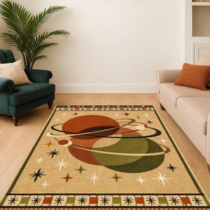May include: A rectangular area rug with a mid-century modern design. The rug features a beige background with a pattern of planets, stars, and rings in shades of brown, green, and white. The border has geometric shapes.