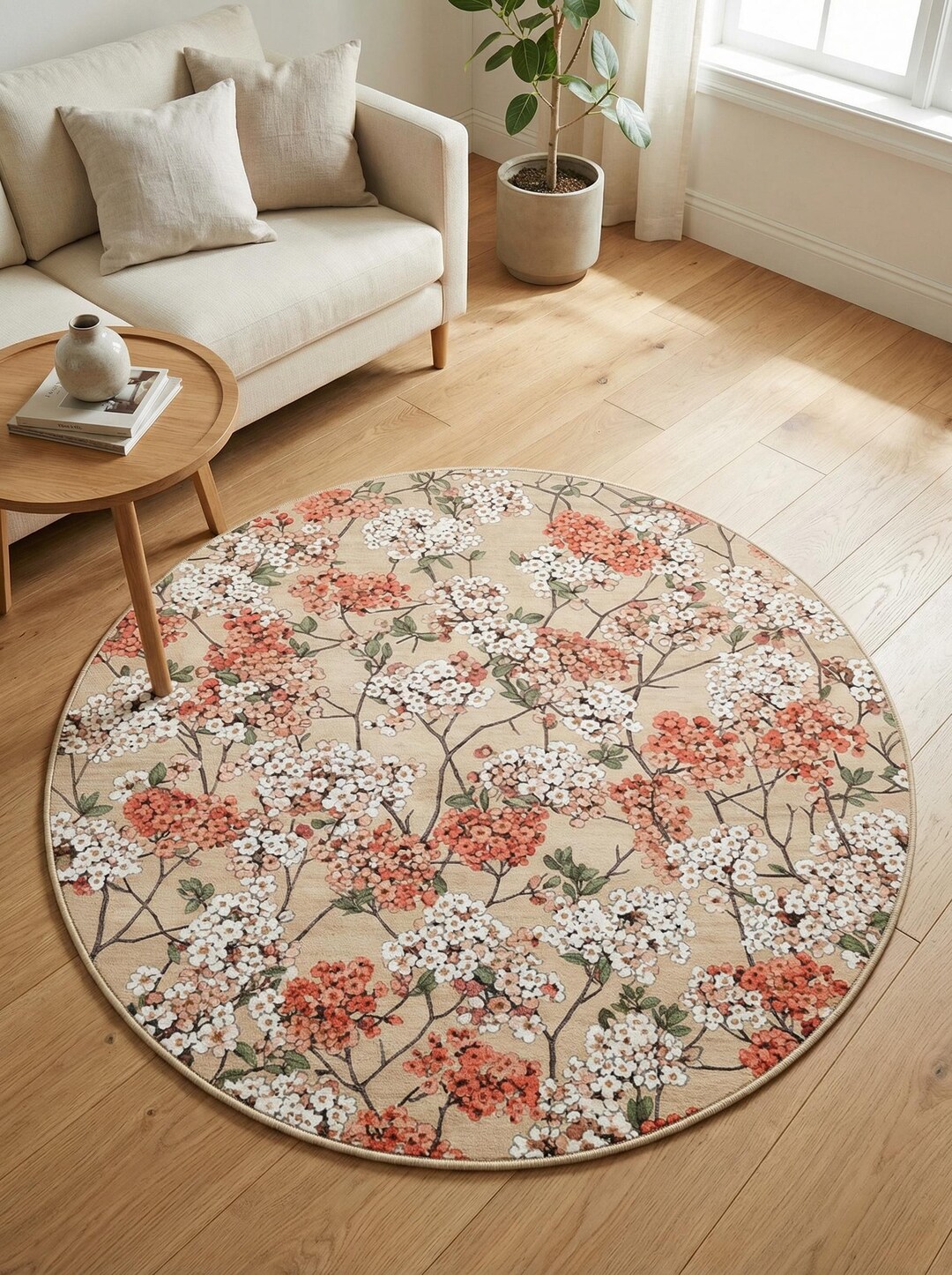 Round Floral Rug, Vintage Cottagecore Decor, Beige Botanical, Shabby ...
