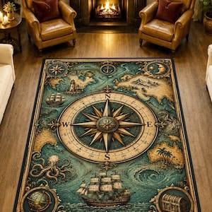Könnte beinhalten: Ein rechteckiger Teppich mit einem nautischen Kartenmotiv im Vintage-Stil. Das Design zeigt eine große zentrale Windrose, Segelschiffe, einen Kraken, einen Globus, eine Schatztruhe und einen Mond in Blaugrün-, Gold- und Brauntönen.
