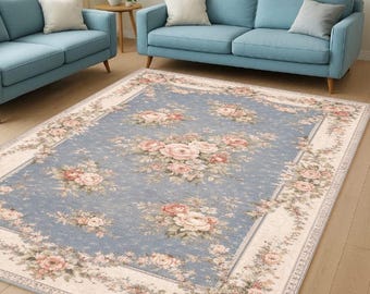 Vintage Floral Blue Rug Romantic Rose Pattern Antique Style Decorative Carpet For Elegant Home Interiors