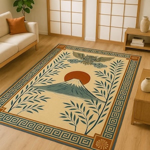 Japanese-Inspired Owl and Fuji Mountain Rug – Elegant Traditional Motif for Modern Living Spaces