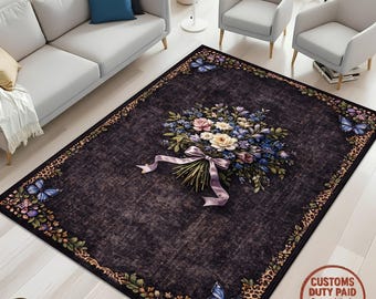 Black Floral Area Rug, Butterfly Rug, Vintage Botanical Carpet, Dark Cottagecore Rug, Victorian Flower Decor, Floral Bouquet Rug