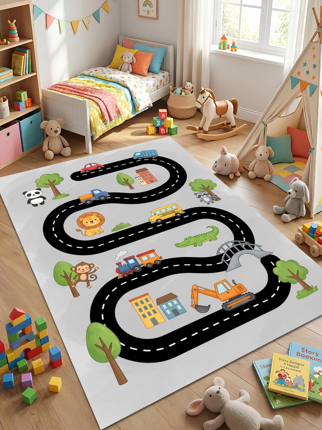 Kids Road Map Rug Car Play Mat Vehicles Traffic Track Nursery Playroom ...