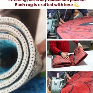 May include: Close-up of a rolled rug with white stitching and a blue interior. The image also shows the rug being sewn, folded, and packed. Text reads: "Reinforced with durable overlock stitching, carefully folded and packed. Each rug is crafted with love."