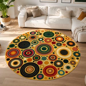 May include: A large round area rug featuring a vibrant mustard yellow background covered in a dense pattern of concentric circles in various sizes and colors, including deep red, forest green, navy blue, orange, and cream tones throughout.