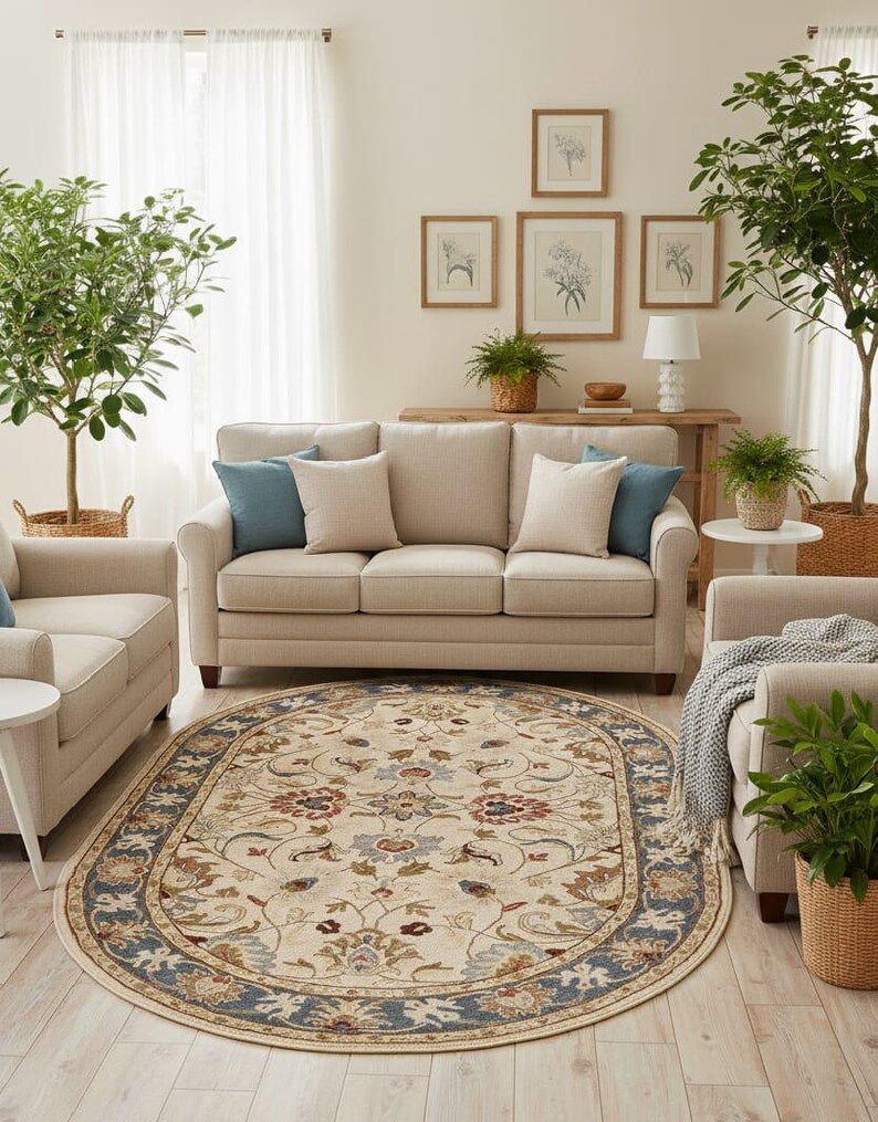 Oval Floral Area Rug: Vintage Style Navy Blue & Beige - Etsy