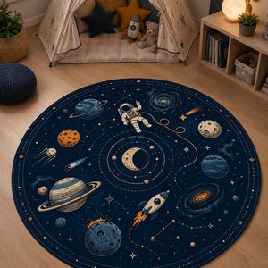 Celestial Galaxy Rug, Astronaut Space Decor, Planet Nursery Playroom Round Kids Carpet