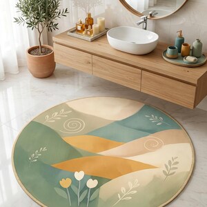 May include: A circular rug with a watercolour landscape design. The rug depicts rolling hills in green, yellow, and beige, with white floral and leaf accents. It has a gold border and is in a bathroom setting. The rug's diameter is approximately 120 cm.