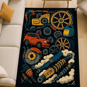 Auto Parts Rug: Garage Decor for Car & Motorsport Fans