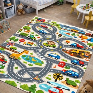 May include: A beige play mat with a road map design featuring cars, a train, and various animal characters. The mat includes a lake, trees, and a helicopter, creating a fun and engaging play area for children.