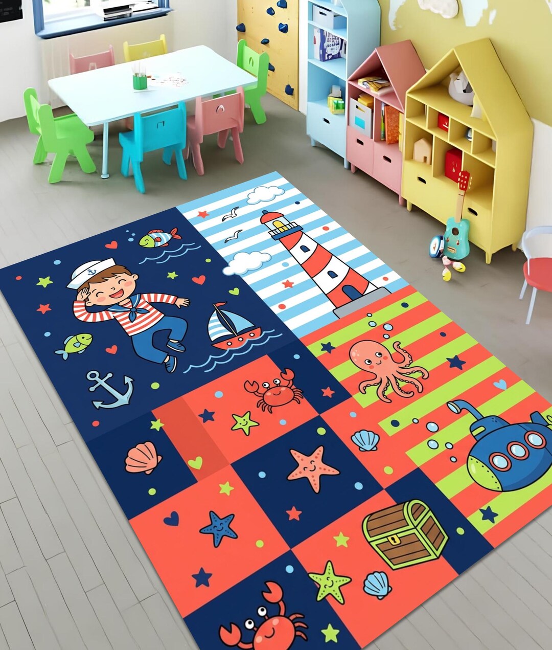 Nautical Kids Ocean Rug Sailor Theme Sea Animals Lighthouse Playroom ...