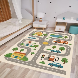 市街地道路地図キッズプレイラグ - 病院、学校、自宅に貼る交通情報教育カーペット - 幼児向けアクティビティマットで楽しく学習