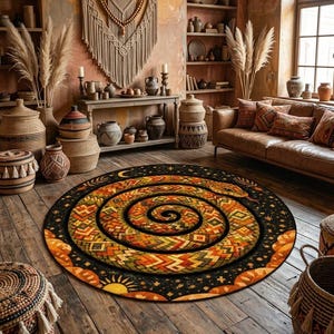 Può includere: Un tappeto rotondo con un motivo a spirale nei toni dell'arancione, verde e giallo su sfondo nero. Il tappeto presenta motivi geometrici e un bordo con motivi di sole e luna. È posizionato su un pavimento in legno.