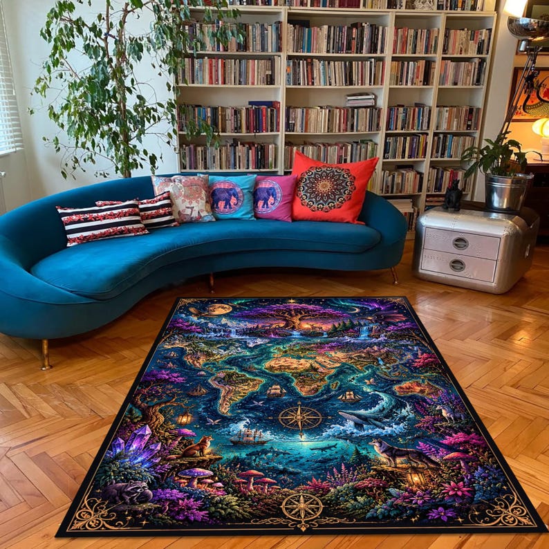 May include: A colorful area rug with a world map design, featuring vibrant blues, purples, and greens. The rug has a black border and is placed on a hardwood floor. A blue sofa with decorative pillows is in the background.